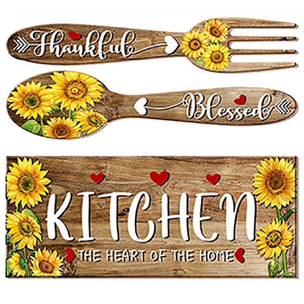2Pcs / Set Sunflower Spoon Fork Pattern Wall Sticker Kitchen Dining Room Decor Removable Waterproof PVC Decal