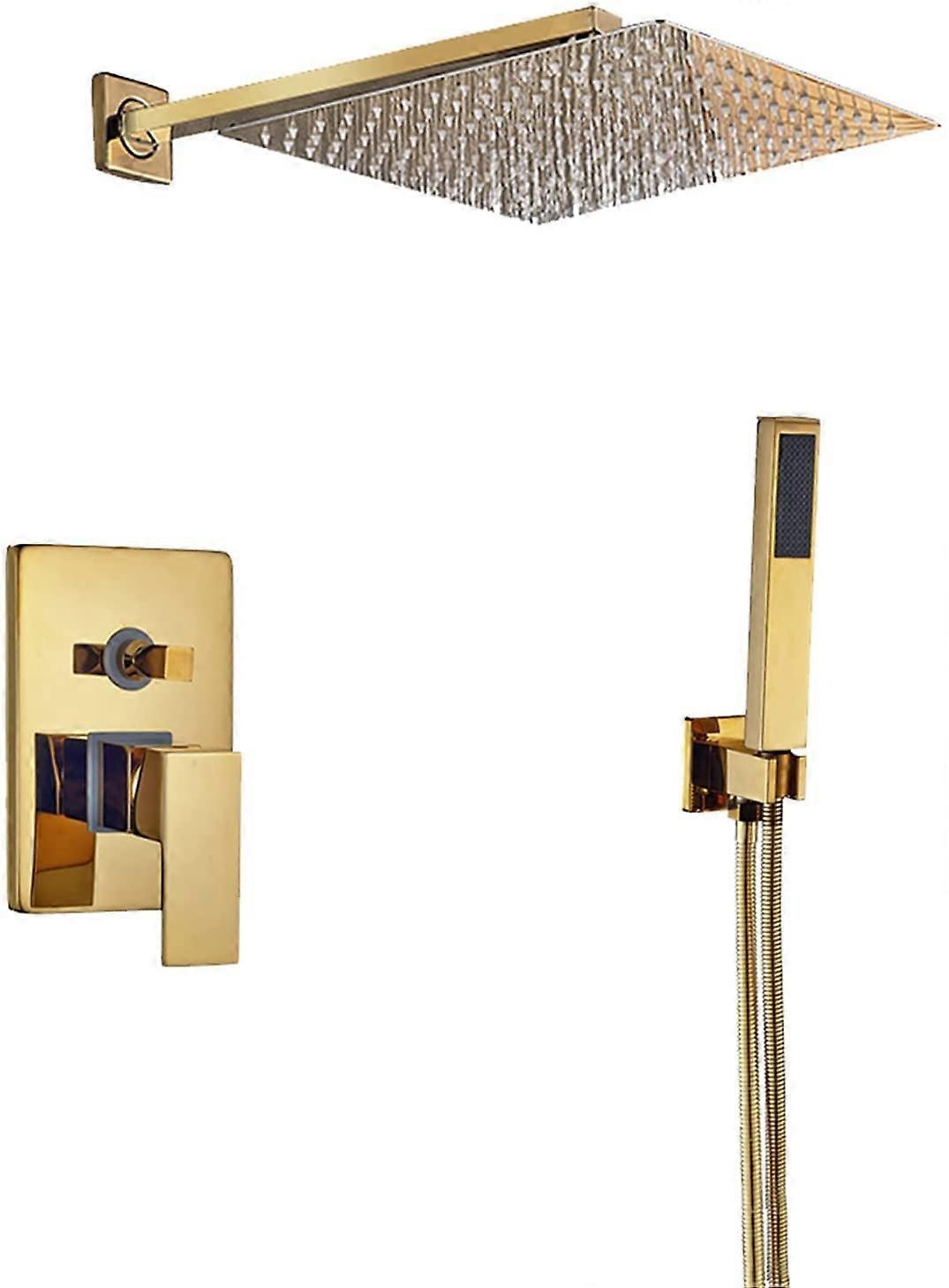 Brass Shower System Concealed Shower Valve Set Wall Mounted 12 Inch Golden Shower Mixer Set with Handheld and Waterfall Rain Showerhead