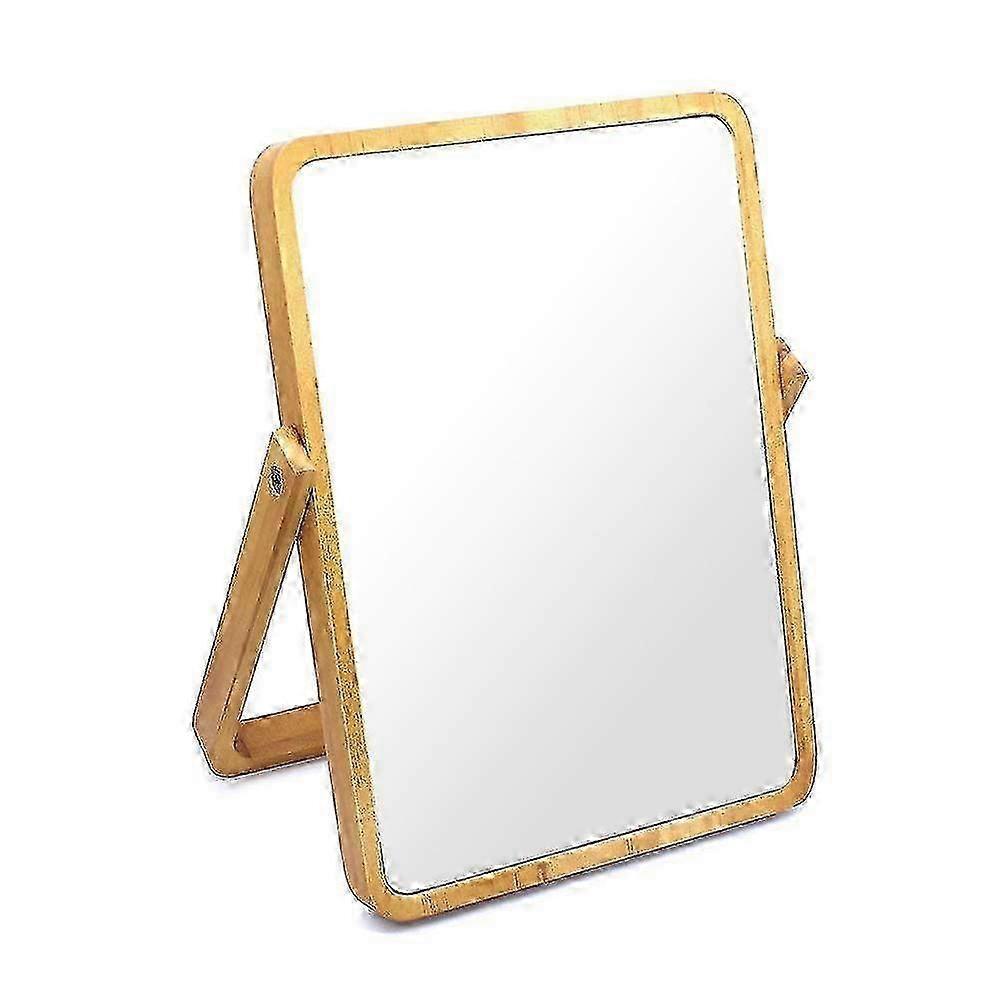 Wooden Framed Rectangular Makeup Mirror with Hanging Hook for Wall or Tabletop Use