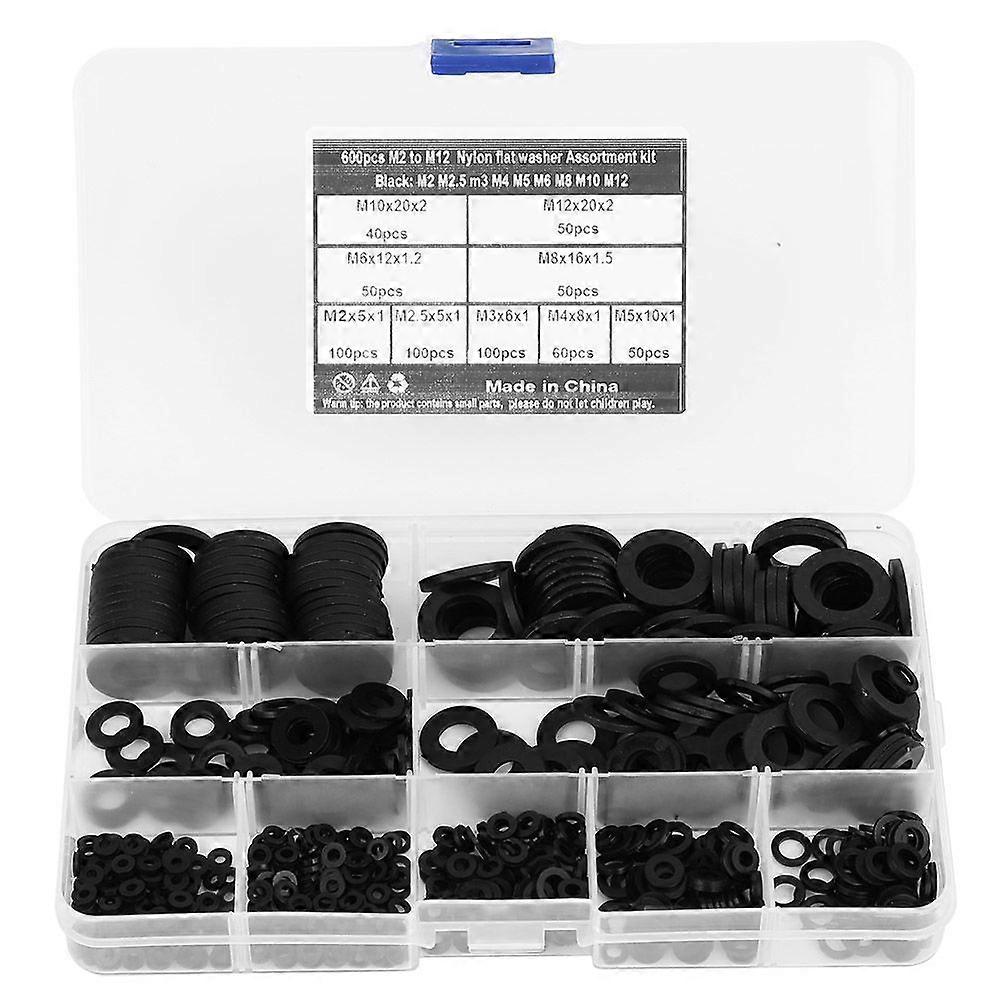 600Pcs Black Nylon Washer Gasket Combination Kit M2-M12 9 Sizes Hardware Supplies