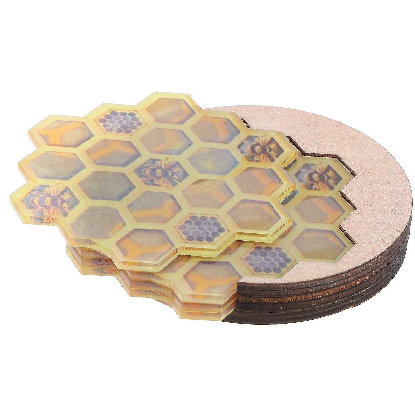 Honeycomb Design Drink Coaster Set with Holder Made of Sturdy Resin and Wood
