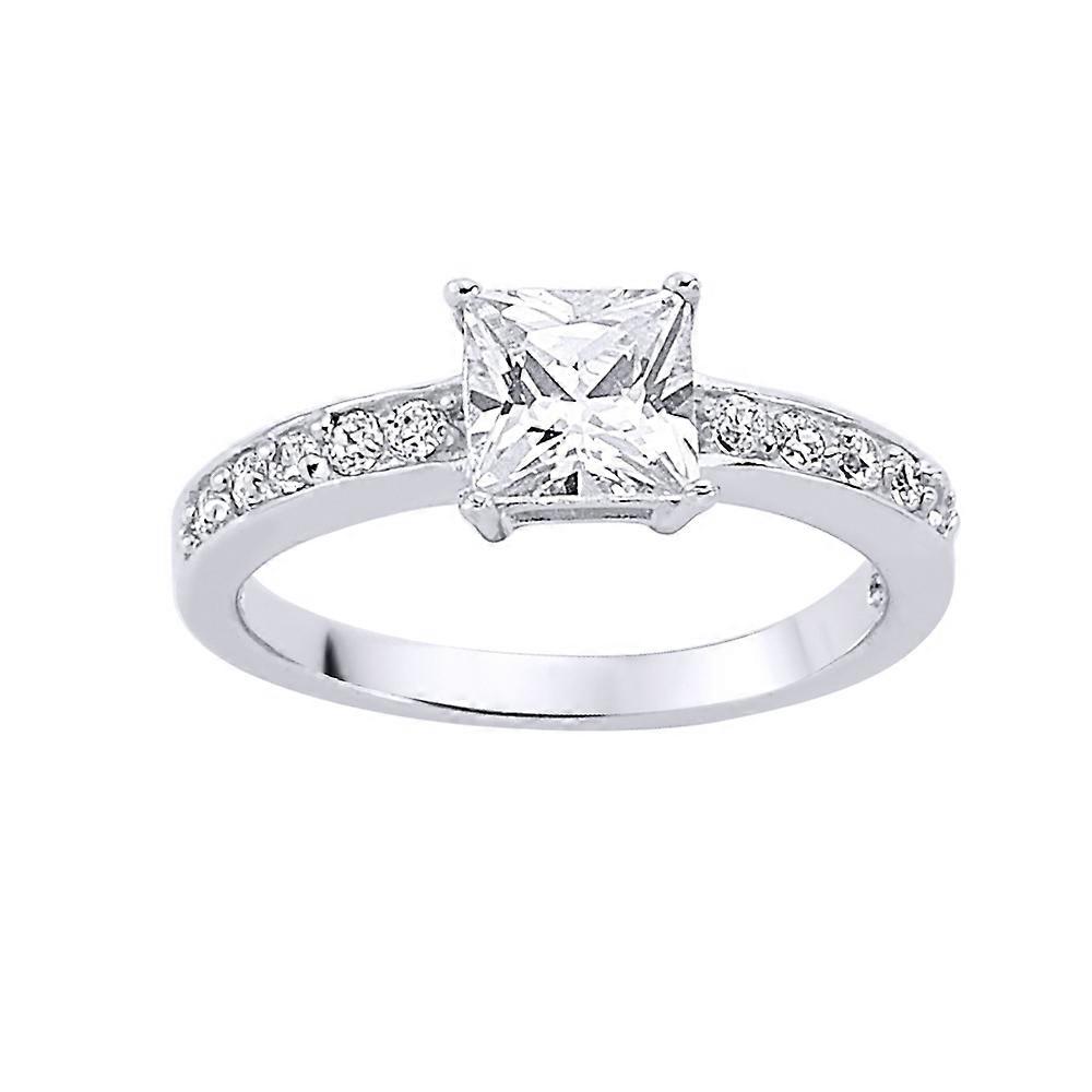 Jewelco London Ladies Sterling Silver Square Cubic Zirconia Shoulder-Set Halo Solitaire Engagement Ring