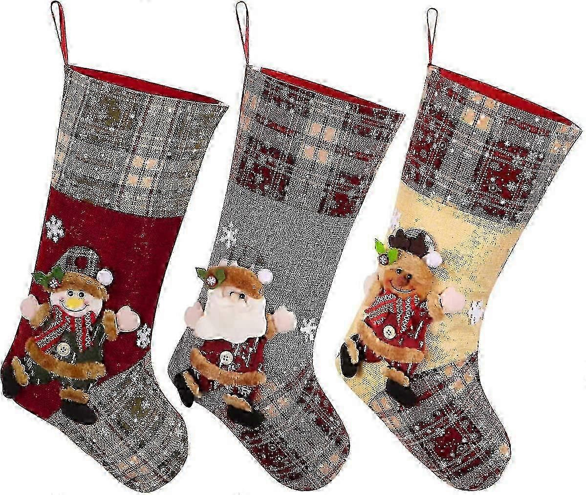 Christmas Stockings, Large Santa Snowman Reindeer Design, Red, 3pcs, Xmas Decoration