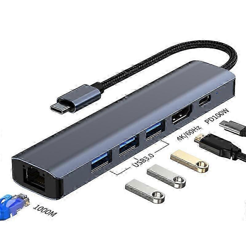 Projection Function Hdmi-compatible 4k 100w Pd Hub 6 In 1 Usb 3.0 Adapter Rj45 Usb-c