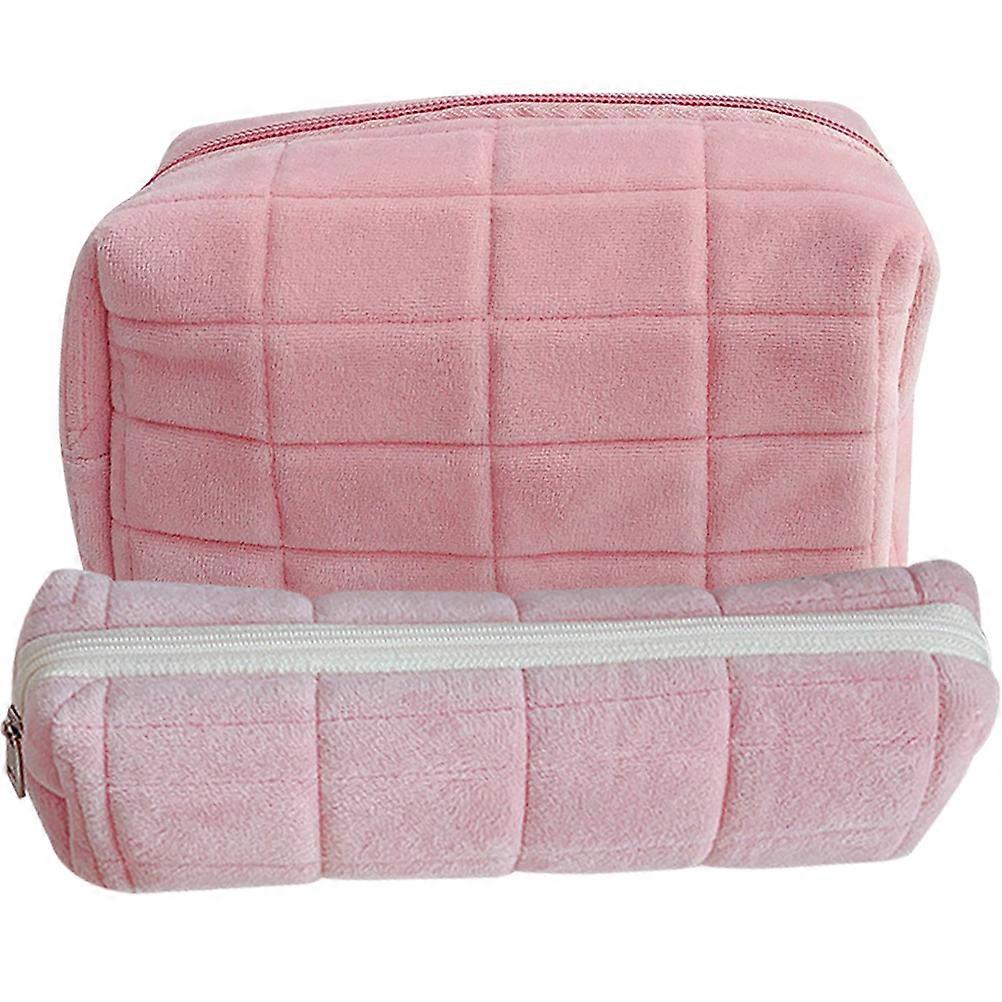 Large Makeup Pouch 2Pcs for Women with Easy to Clean Pink Plush Material for Storage