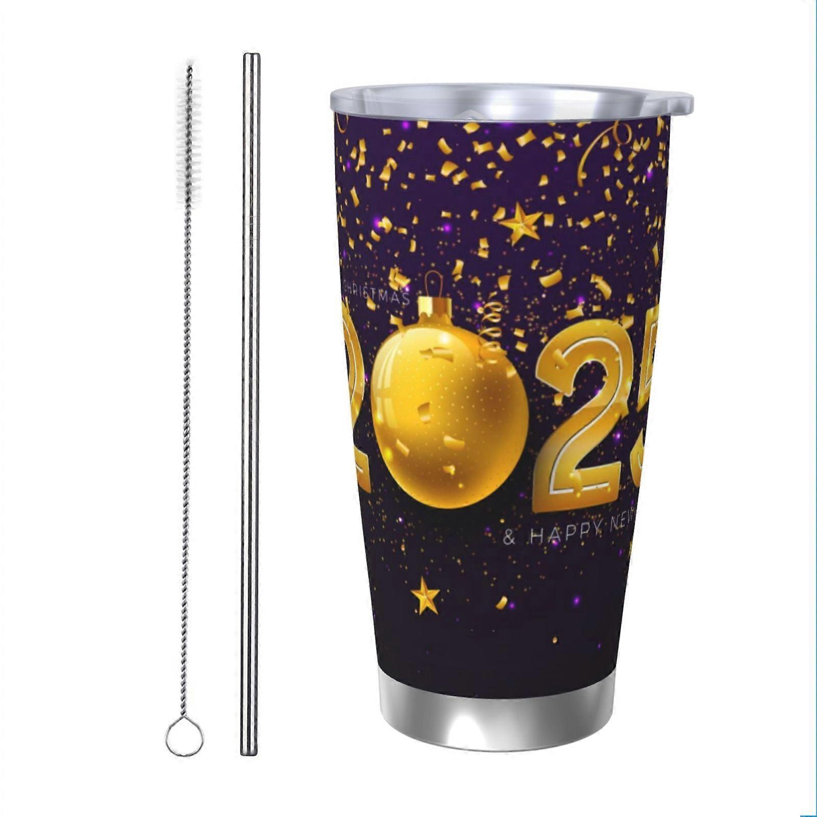 Tasse à café isotherme portable en acier inoxydable avec couvercle, 59 cl, « Bonne année 2025 »