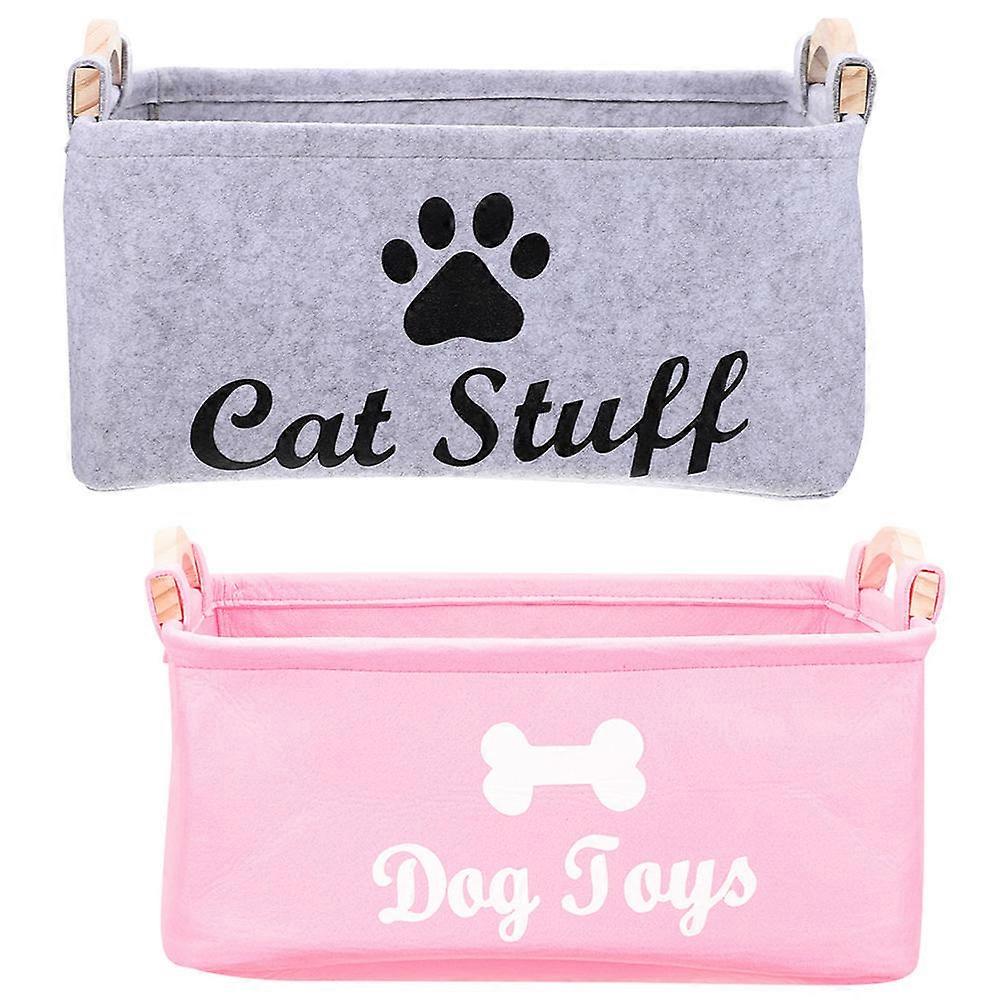 Cat Toy Baskets Felt Wood Handle Gray 38x25cm Toy Container 2Set