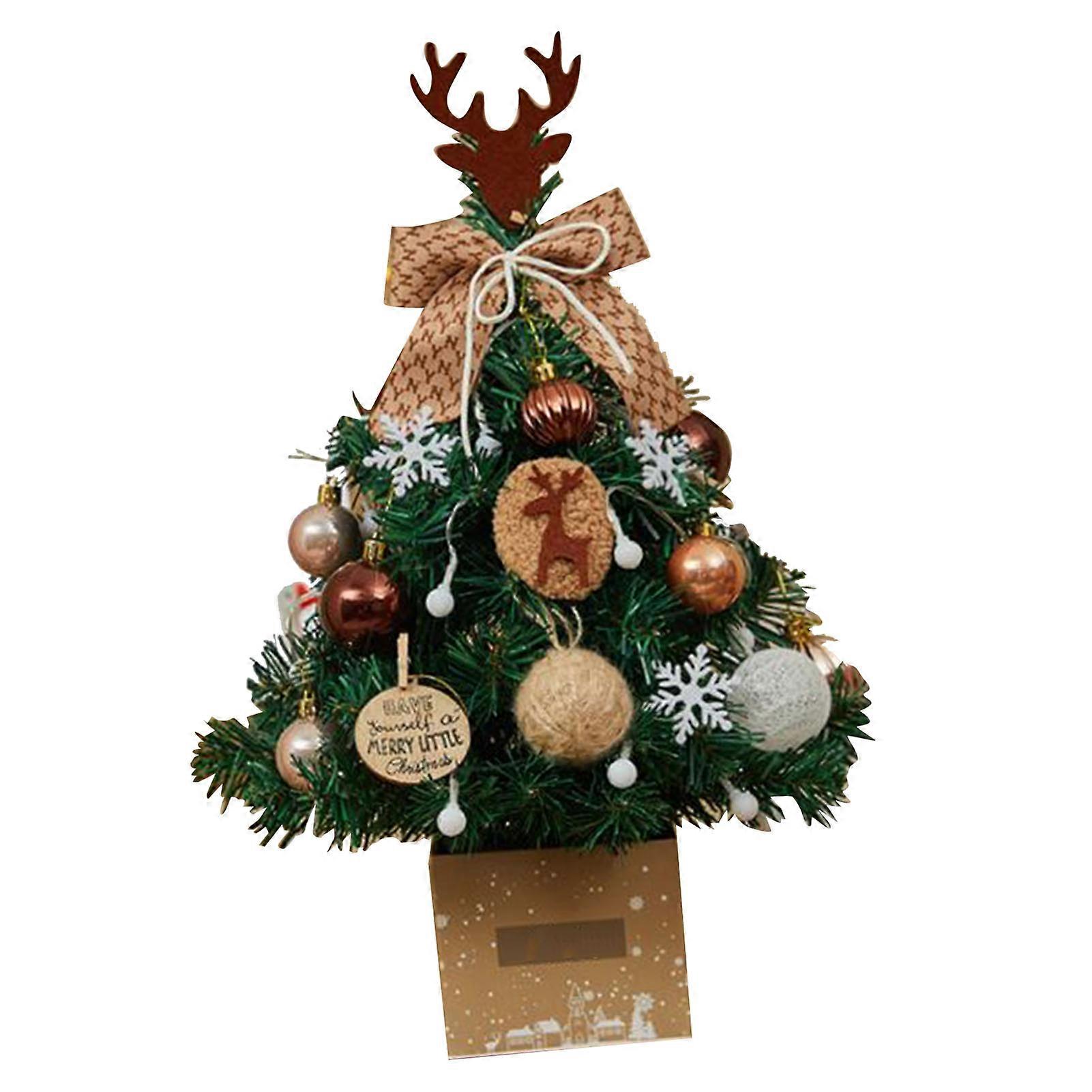 Mini Xmas Tree with Deer Horn Adjustable Light Strings Tabletop Small Destop Decor 50cm Khaki 