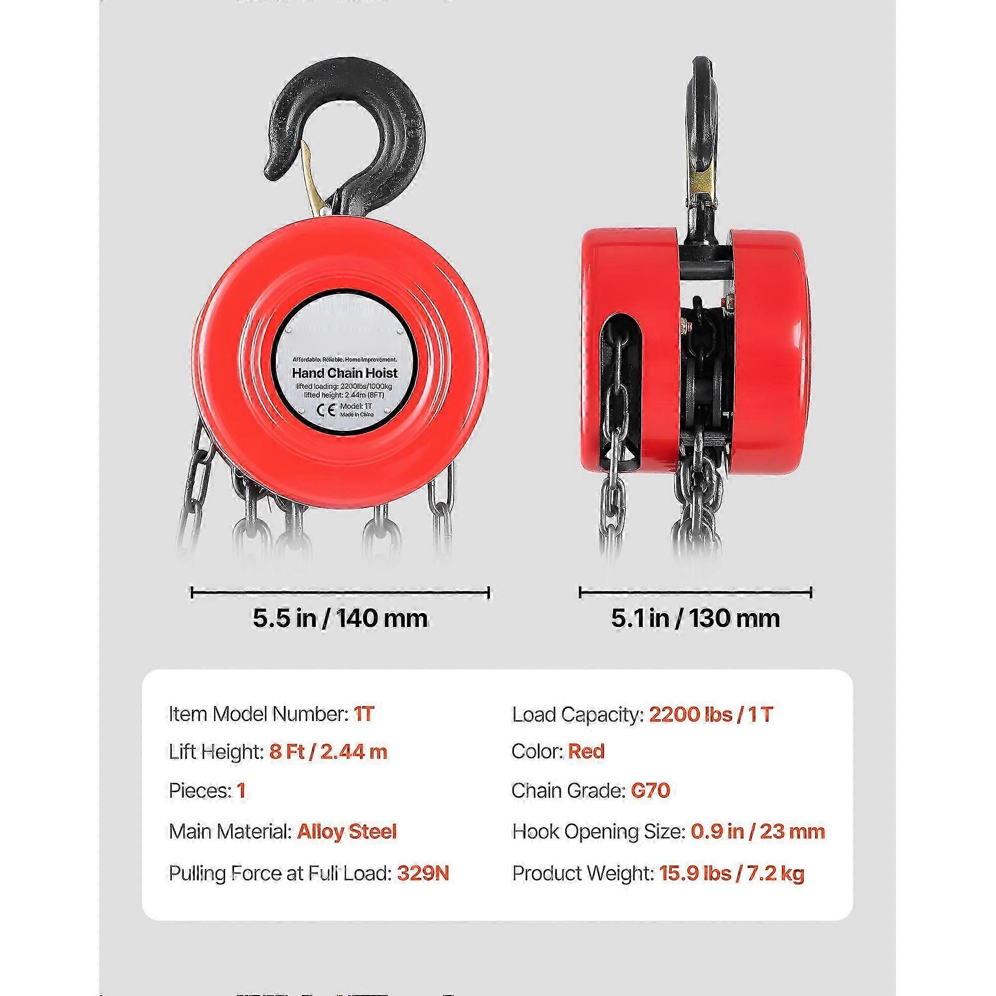 Hand Chain Hoist, 1 Ton Capacity, Manual Chain Block with Upgrade G70 Galvanized Chain, 2.44 m Lifting Height, Red