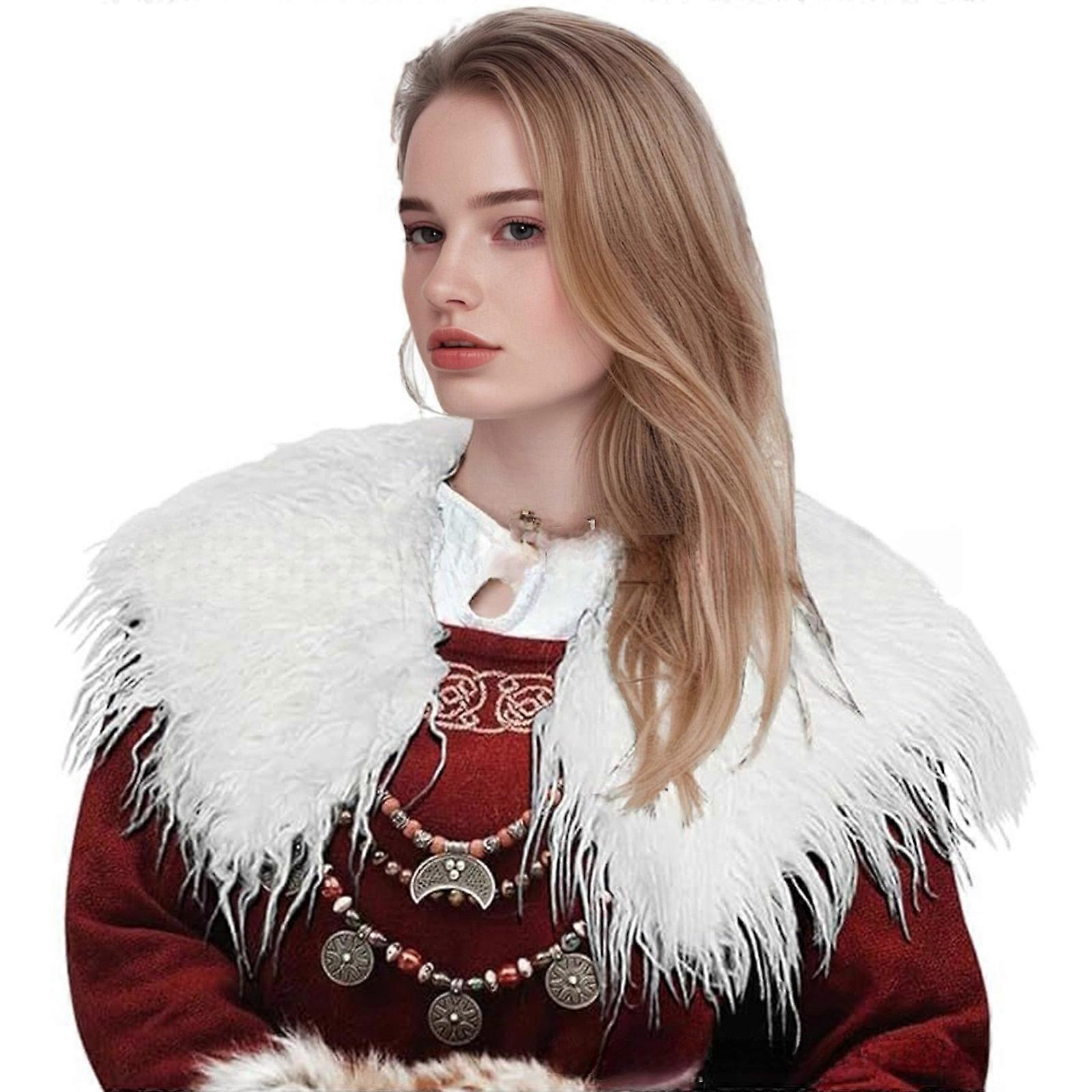 Eye Catching Artificial Furs Cloak With Medieval Design Halloween Shoulder Wrap For Themed Parties And Daily Wear  White