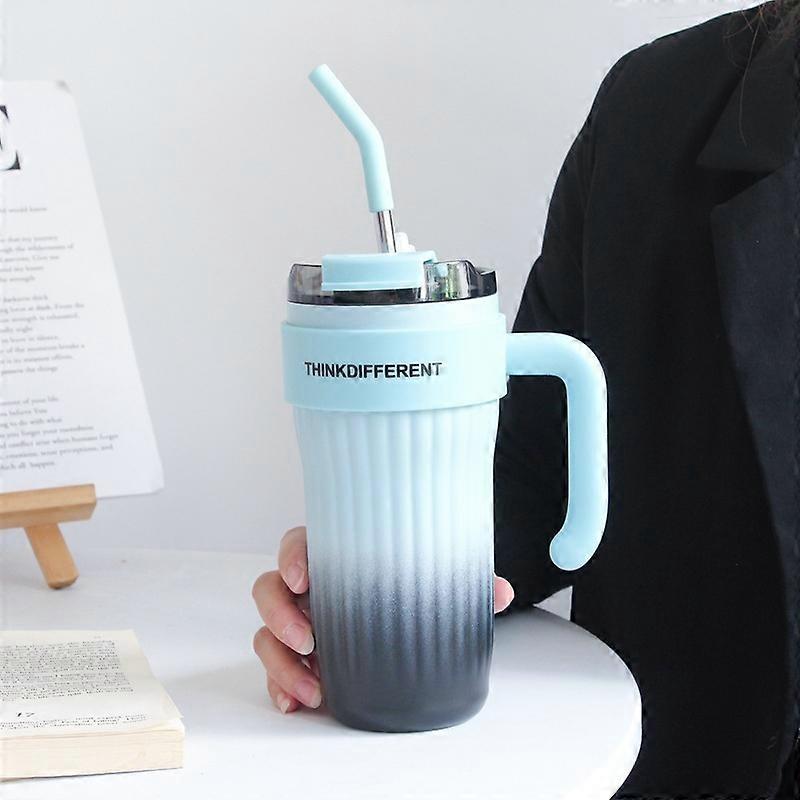 Gradient Blue 860ML - Gradient Handle Insulated Mug, High-Value Simple Coffee Mug, Large Capacity Cold Storage, Stainless Steel Straw Mug,