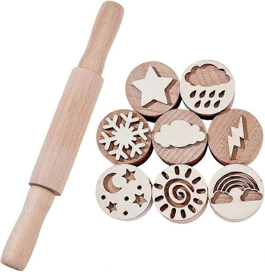 8 Pcs Wooden Playdough Stamps and Rolling Pin Weather Theme Playdough Tool Set for Clay Dough Cut and DIY Projects