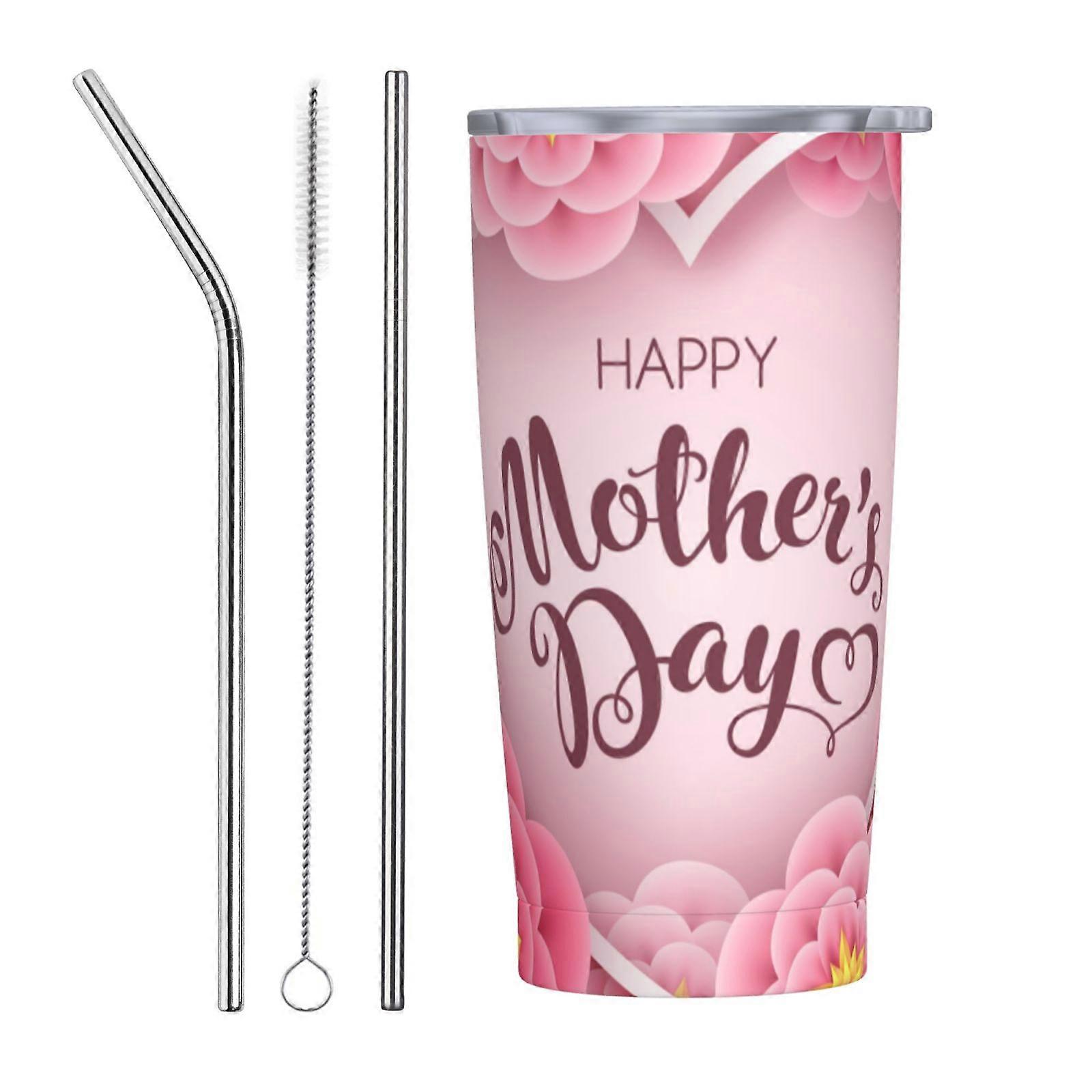 Tasse à café isotherme en acier inoxydable avec paille « Joyeuse fête des Mères » (590 ml) et gobelet isotherme portable (3 pièces)