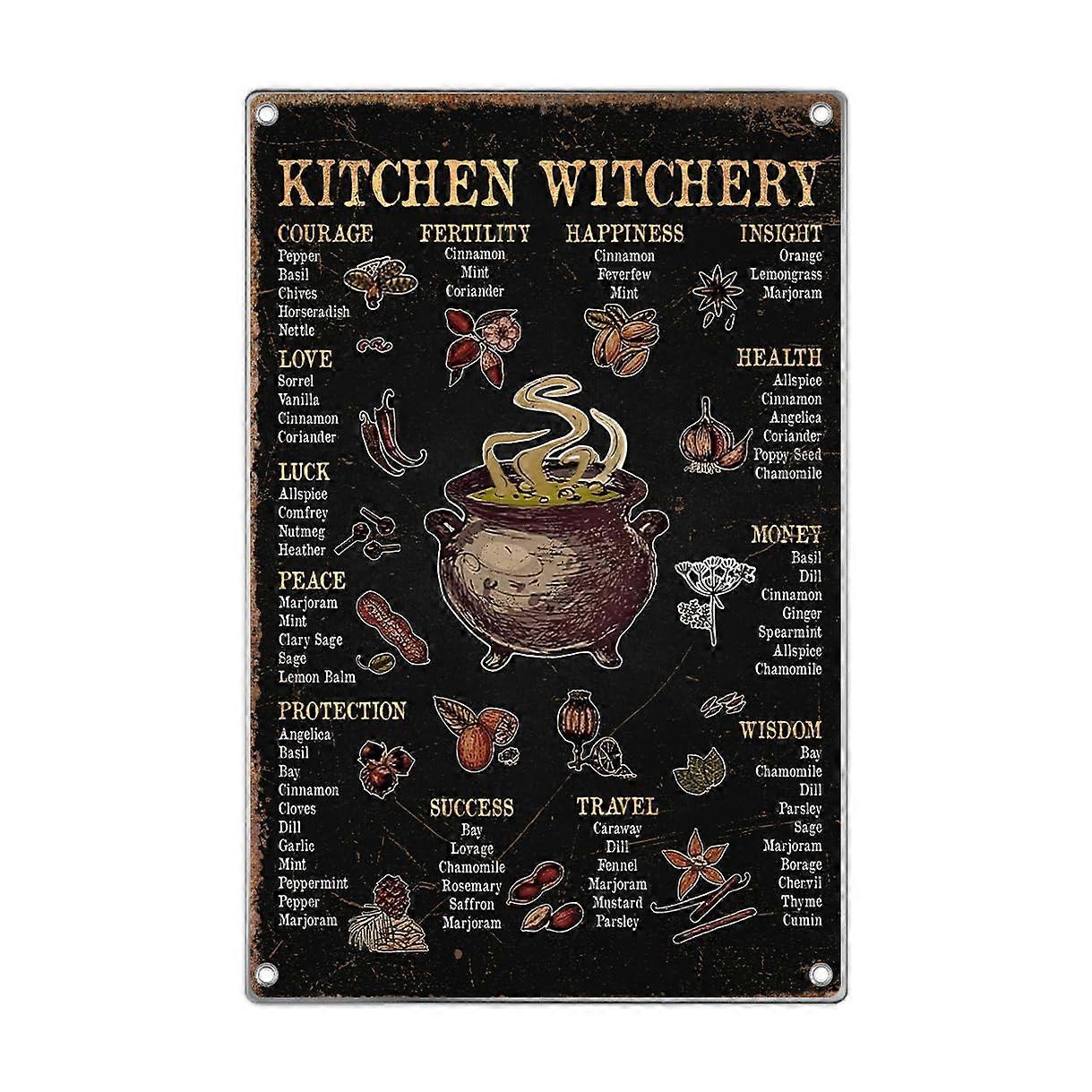 Witchcraft Wall Decor Rustic Kitchen Witchery Herb Chart Metal Sign with Cauldron Illustration 8x12