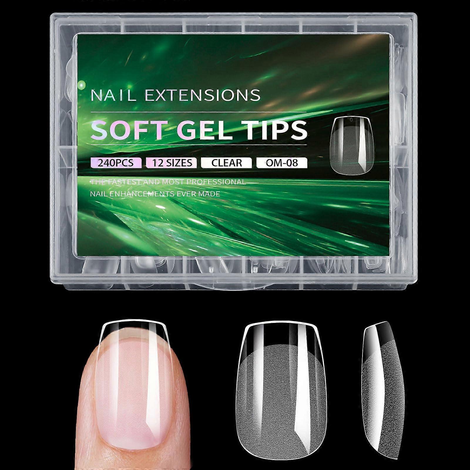 Clear Gel Nail Tips 240 Pcs Full Coverage Square Shape 12 Sizes for Gel Extensions Manicure