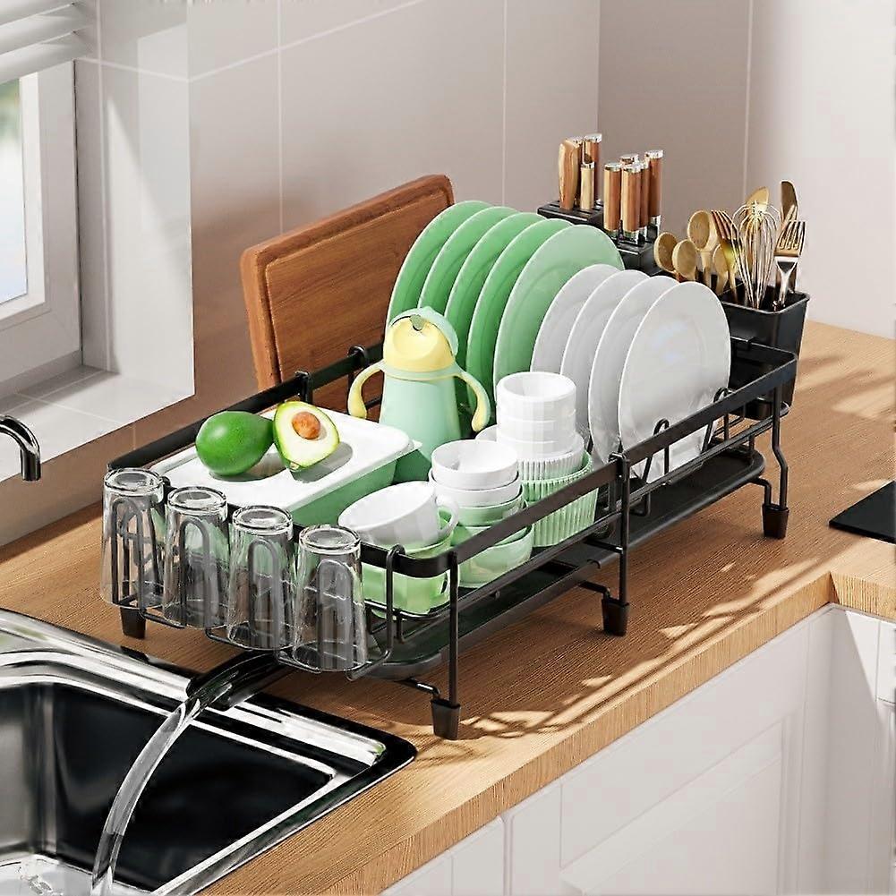 Expandable Dish Drying Rack for Countertop with Automatic Drainage and RustResistant PullOut Storage