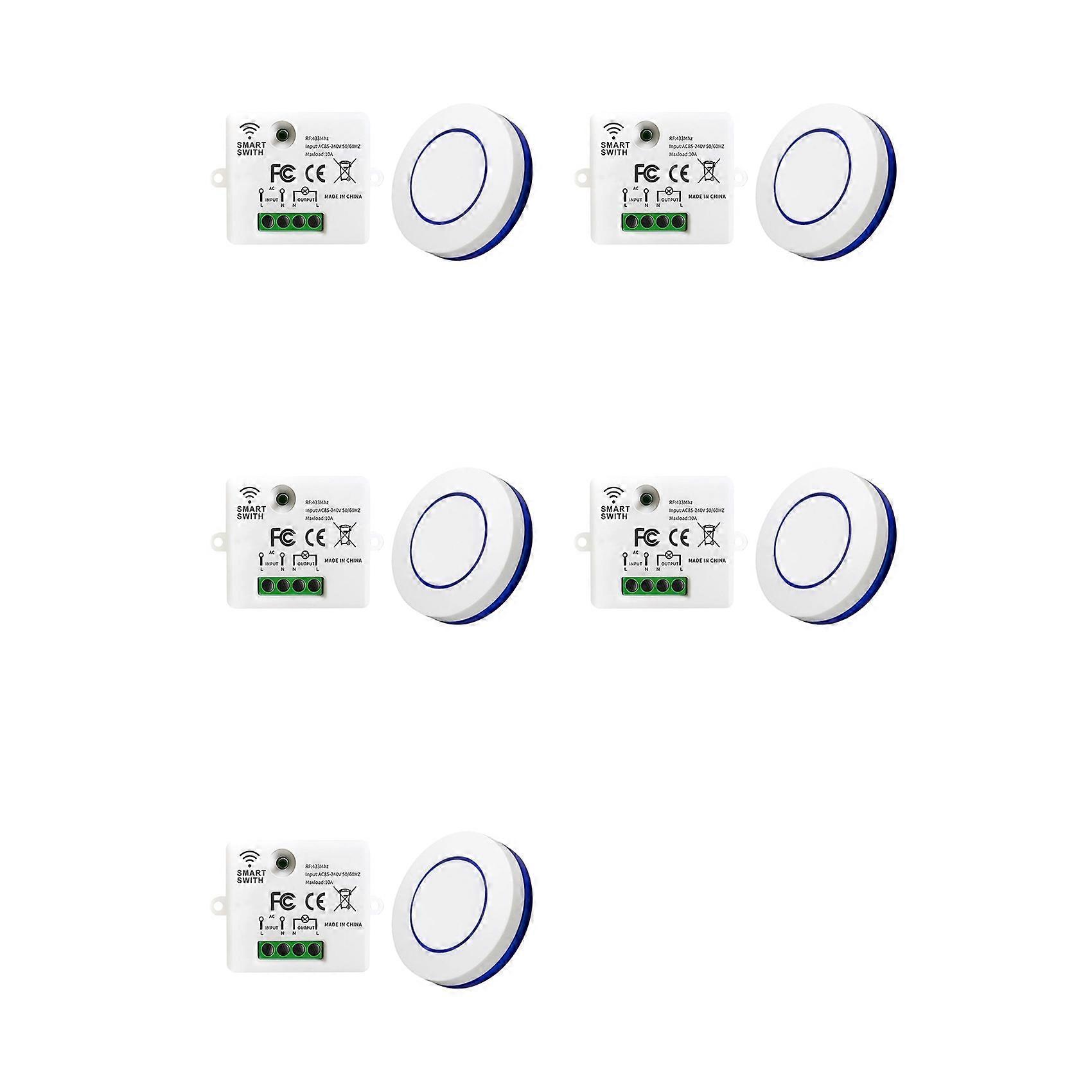 5X RF 433MHz Wireless Light Switch 220V 110V 10A Relay Receiver Round Button Wall Panel Switch Remote Control LED Lamp