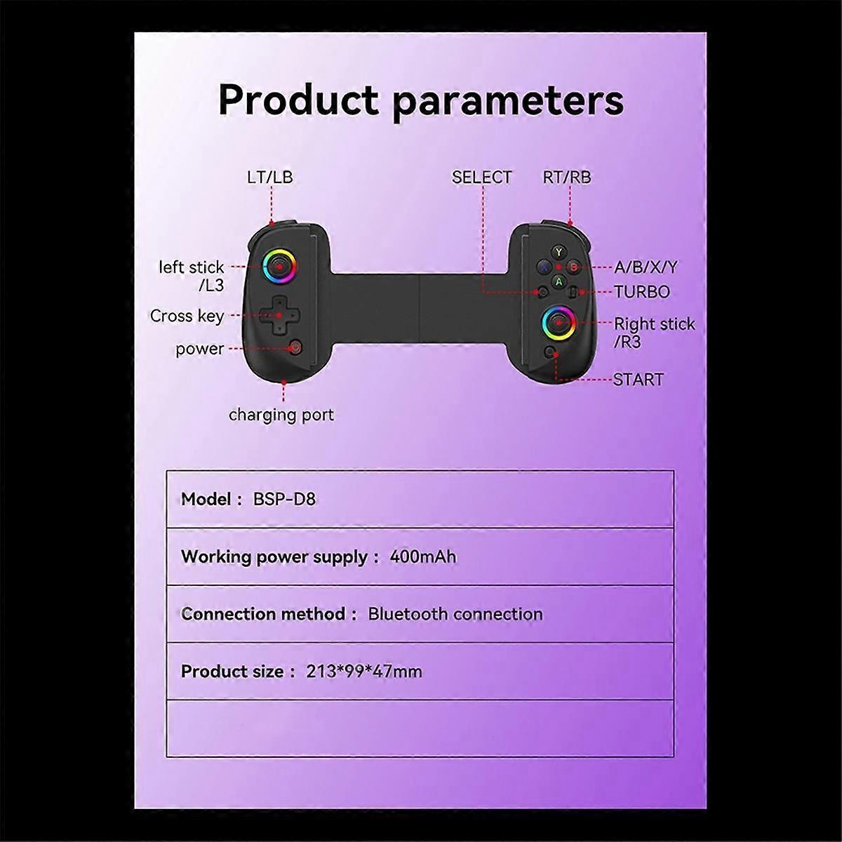 D8 Telescopic Game Controller RGB Light Mobile Game Controller with 6-Axis Vibration for Android IO