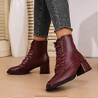 Willtoo Damen Stiefeletten mit eckiger Zehenpartie, Schnürung, Blockabsatz und mittelhohem Absatz, einfarbig, lässiger Winterstil für Damen, Rot