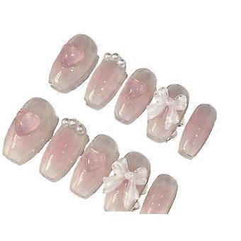 Blush Pink Press On Nails with Bow, Handmade Short Fake Nails for Women, Easy Removable Design