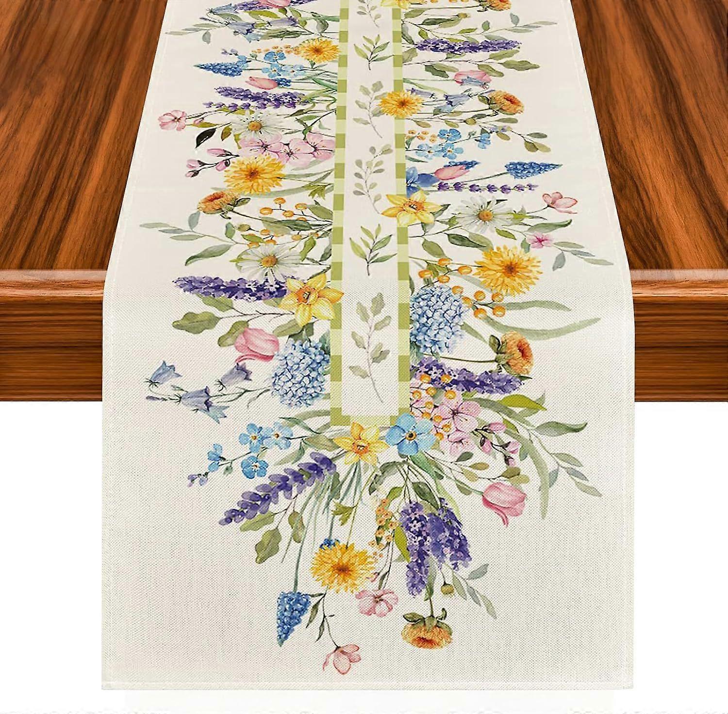 Spring Flowers Table Runner, 33x183 cm Easter Table Runner, High Quality Linen, Spring Dining Table Decoration for Kitchen, Dining Room, Party, Easter