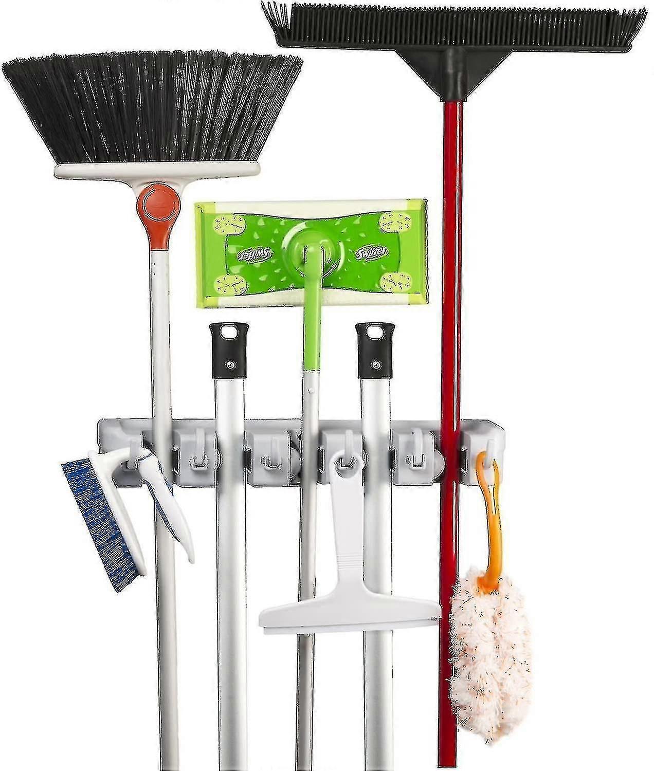 Wall-mounted Broom Holder With 5 Slots And 6 Multi-task Hooks