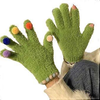 Womens Winter Touchscreens Gloves Fashion Texting Warm Gloves for Cold Weather Colorful Plush Ball Fuzzy Knit Gloves Green