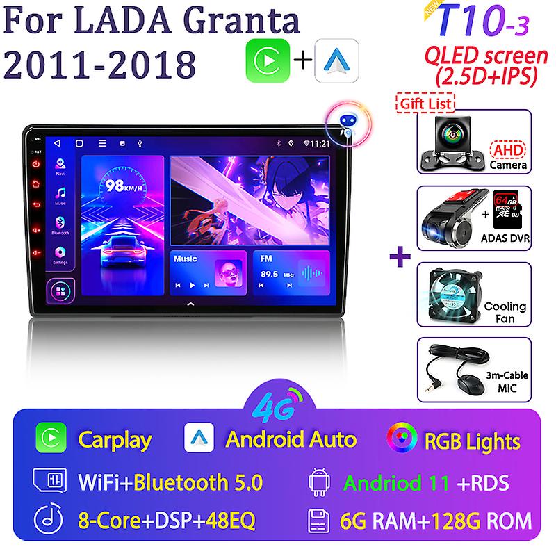 Android 11 2 Din Car Radio pour Lada Granta Sport 2011 - 2018 Lecteur multimédia Carplay Stéréo GPS Carte DVD Unité Principale 2Din