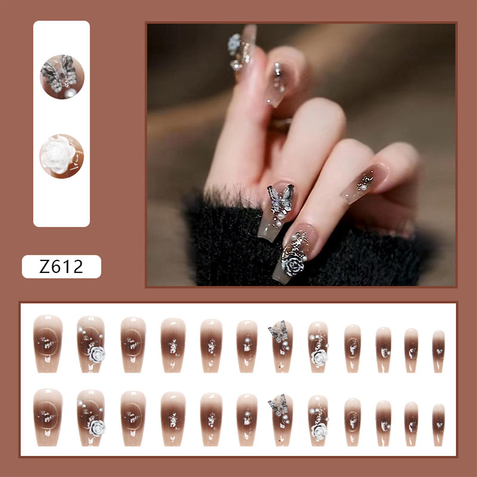Brown Smudging False Nails With 3d Rose Setting With Harmless And Smooth Edge Nails
