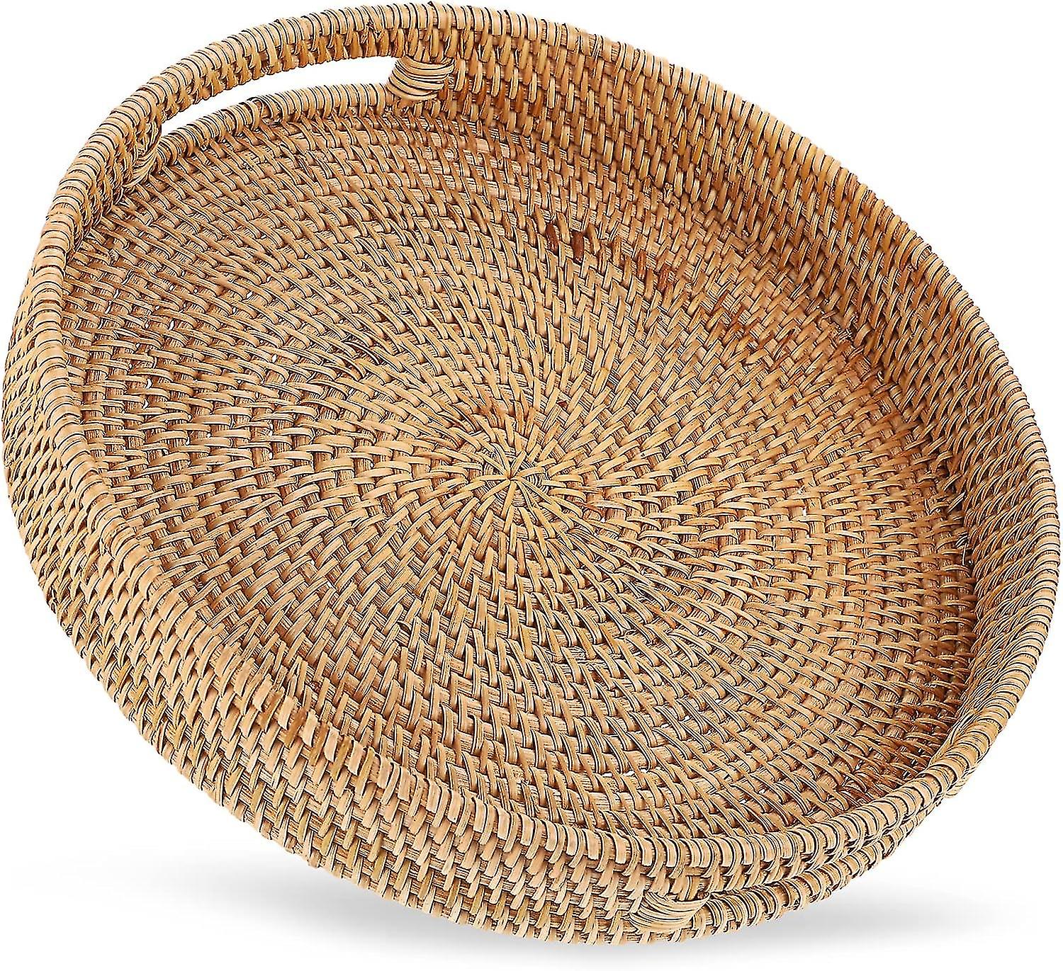 Round Rattan Tray With Handle Handwoven Rattan Fruit Storage Tray (small)