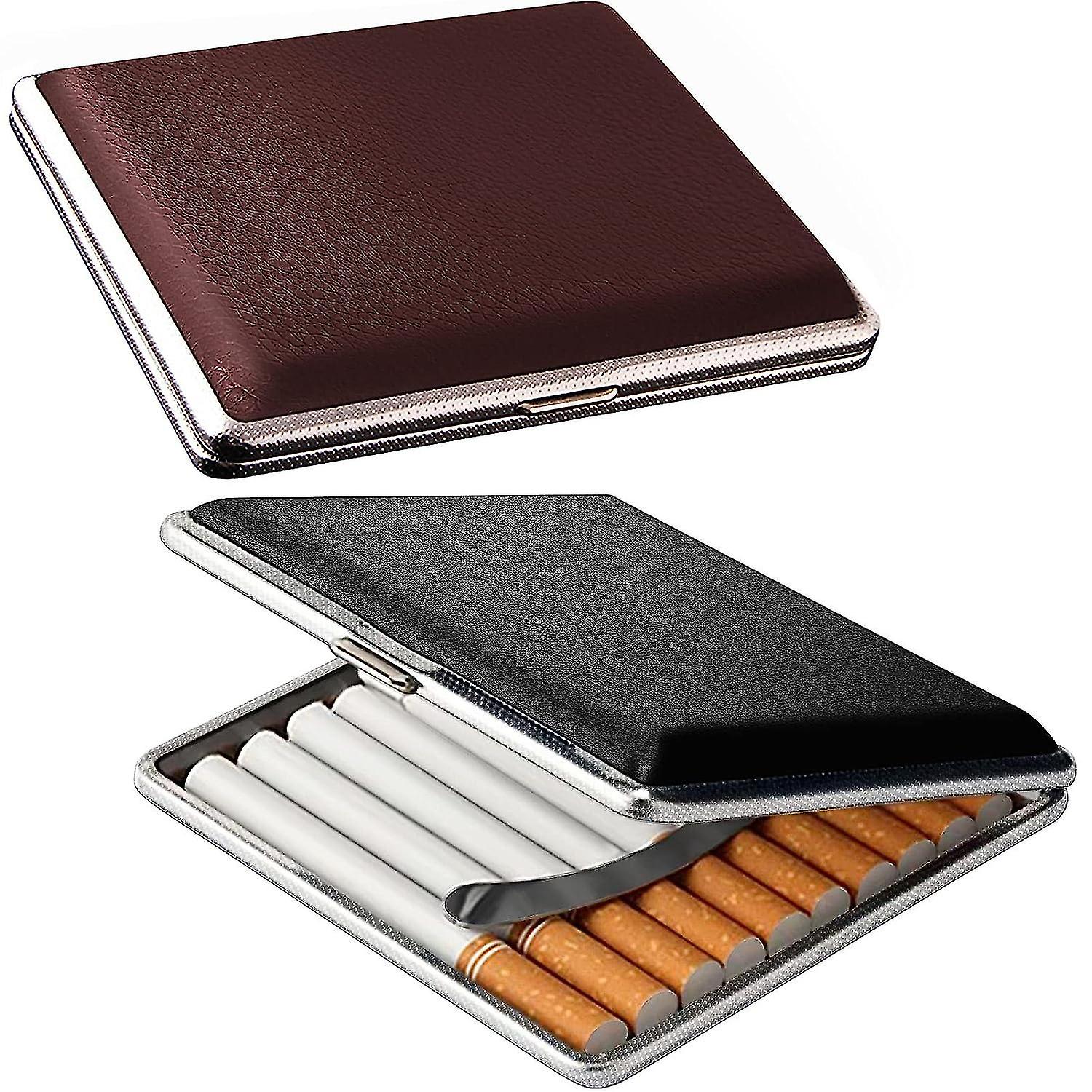 Zigarettenetui, Metallleder-Finish, 20 Fassungsvermögen - 2er-Pack (schwarz + braun, 85mm