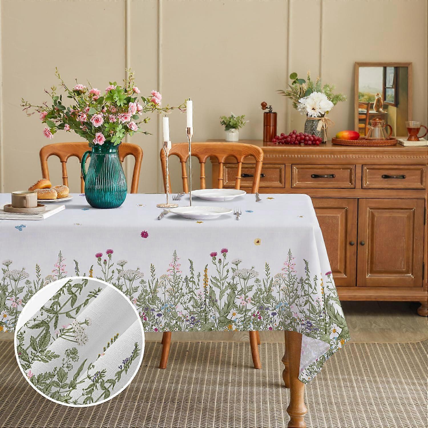 Faux Linen Textured Herbs Sides Ορθογώνιο Τραπεζομάντιλο, Vintage Ρουστίκ Αγριολούλουδα Αδιάβροχο Ύφασμα Πολυεστέρα, Κάλυμμα Τραπεζιού για Κουζίνα Τραπεζαρία 60''x84