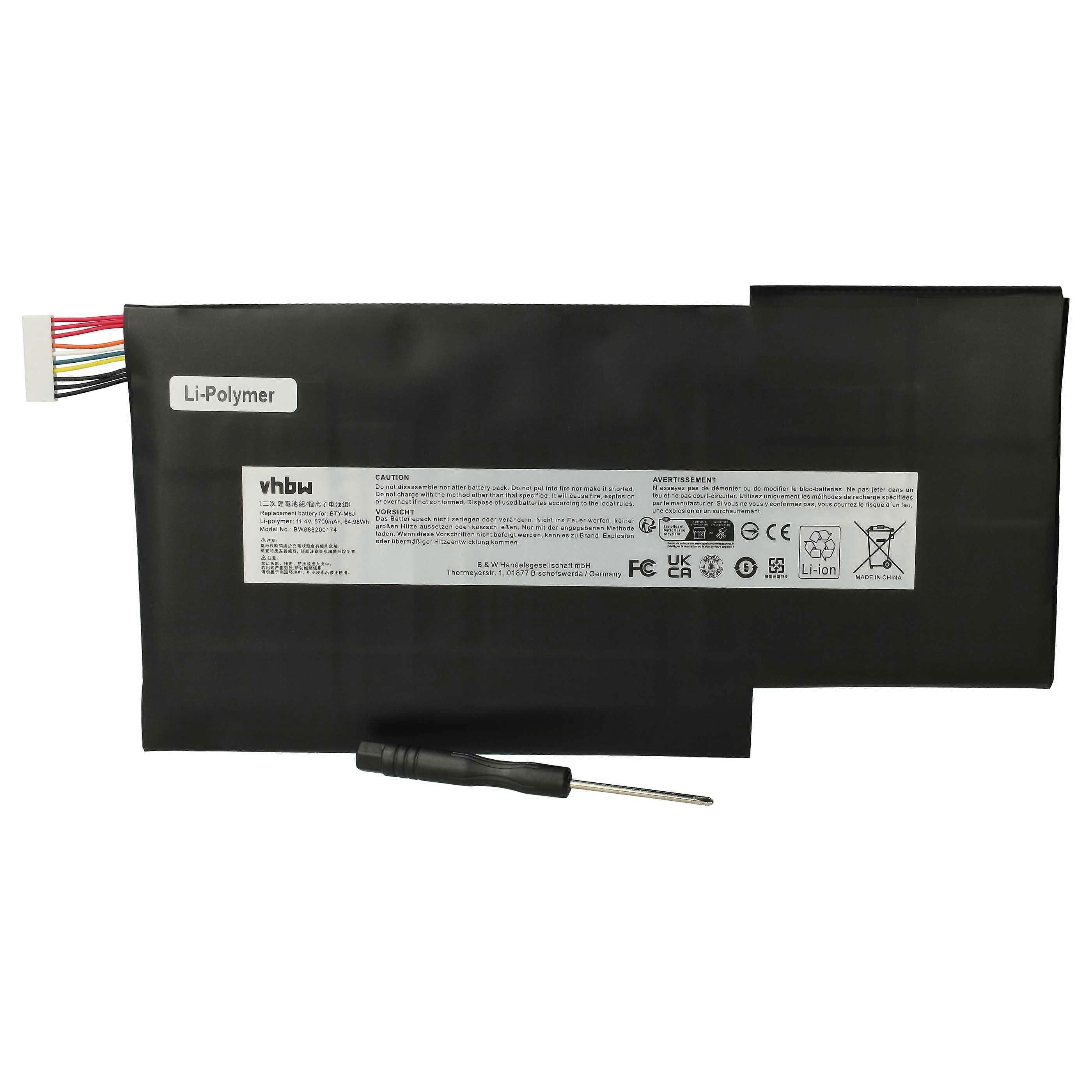 vhbw Batterij compatibel met MSI WS63VR 7RL, WS63 8SL-022CA, WS63 8SL-016, WS63 8SL-015, WS63 8SL-013ES, WS63 8SL Notebook (5700 mAh, 11.4 V, Li-Polymer)