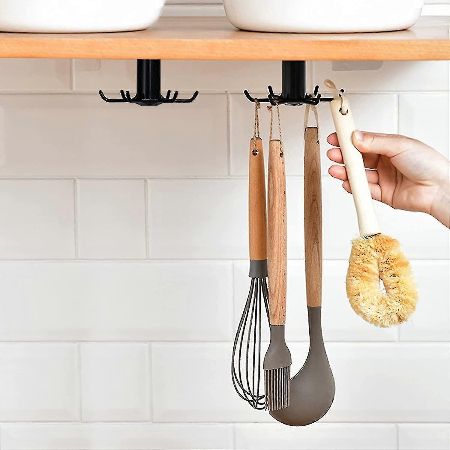 Pcs 360 Degree Rotating Hooks,kitchen Hooks,no Need To Punch Kitchenware Strong Bearing Capacity 360 Degree Rotation Black Abs + Non-marking Adhesive
