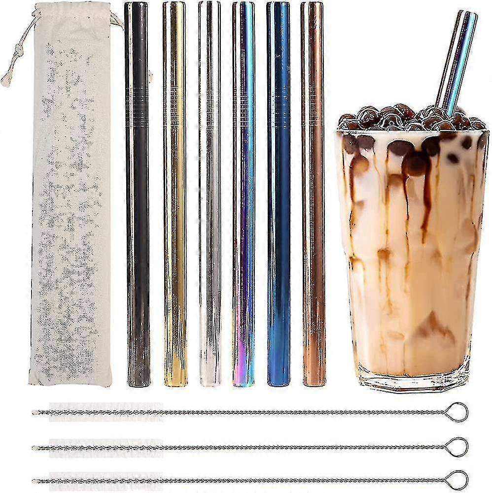 6本のバブルティーストロー ステンレススチール製ストロー メタルストロー カラフル - ボバビーズ用幅12mmストロー ブラシ3本とキャリーバッグ1個付き