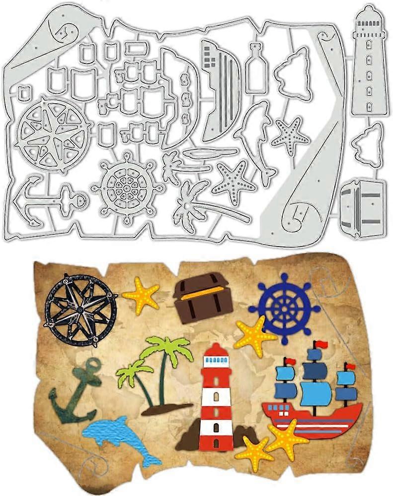 Treasure Map Cutting Dies Compass Sailboat Stencils Nautical Map Decorative Embossing Stencils for Scrapbooking Photo Album Greeting Card Making Paper