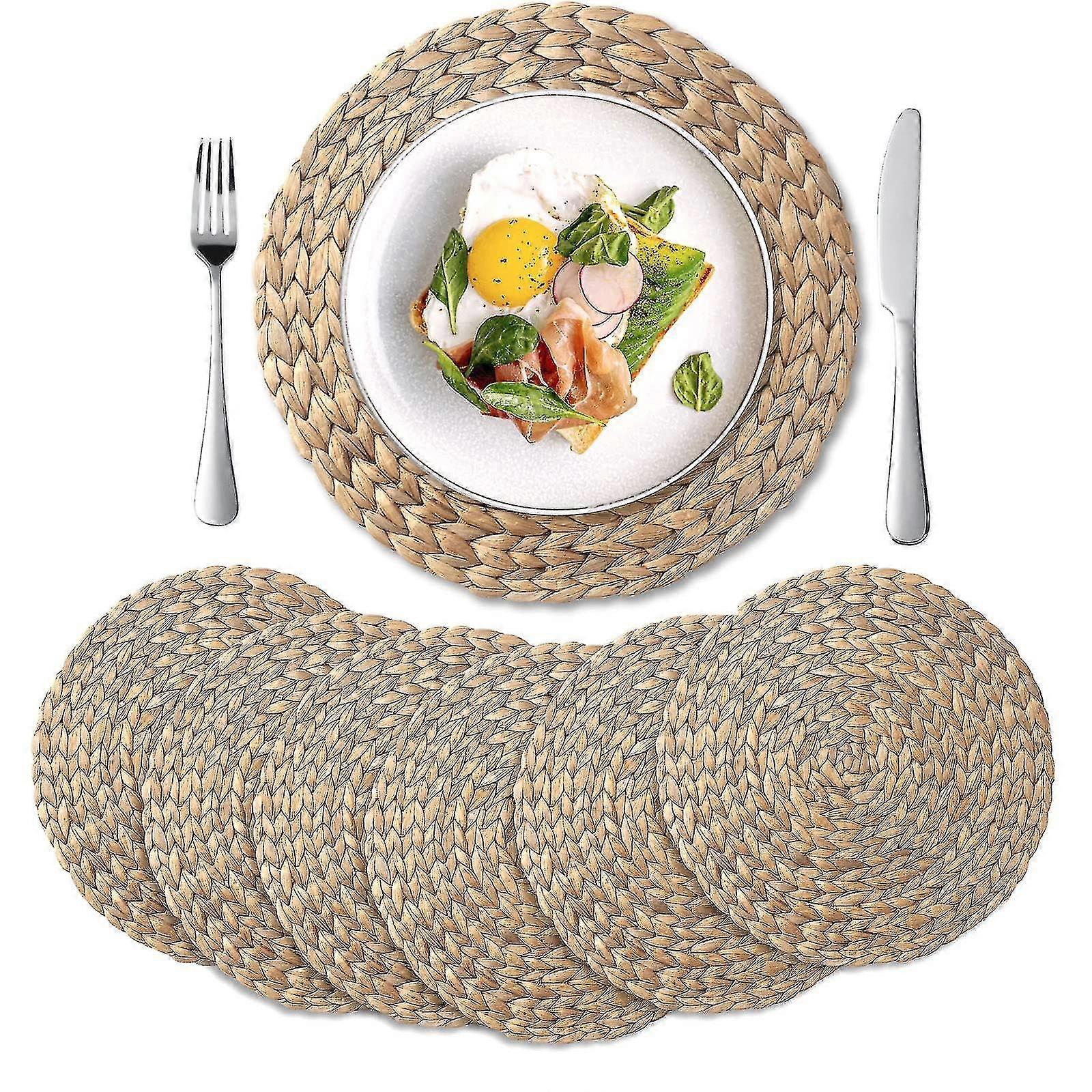 Set Of 6 Braided Round Placemats, Straw Water Hyacinth Placemats For Dining Table (30 Cm)
