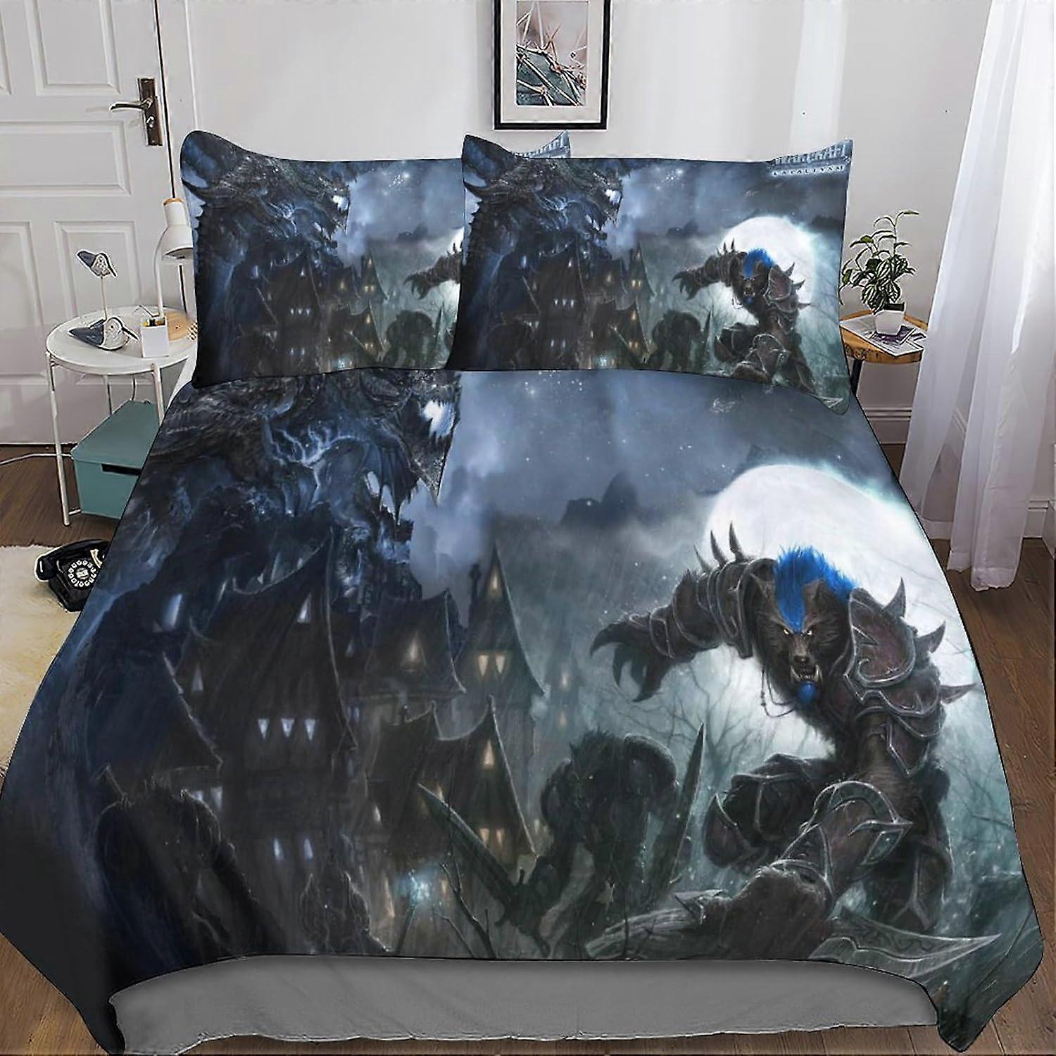 Warcraft Komplet pościeli WOW Game Poszwa na kołdrę Drukowana w 3D 3 sztuki, Poszwa na kołdrę z mikrofibry z zapięciem na zamek błyskawiczny Poszewki na poduszki Podwójne