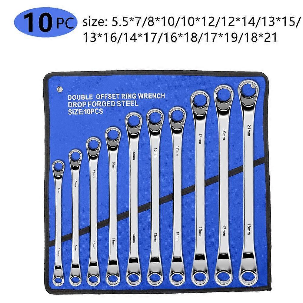 Offset Box End Wrench Set Carbon Steel Metric 45-Degree Long Double Ring Wrench Spanners with Rolling Pouch