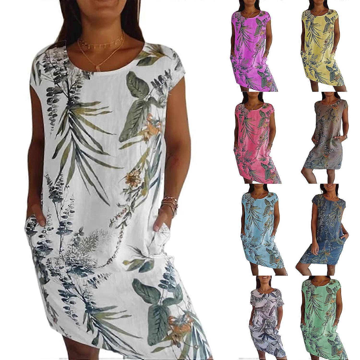 Robes pour femmes, robe imprimée à col rond en coton et lin pour femmes 2024 Nouveau
