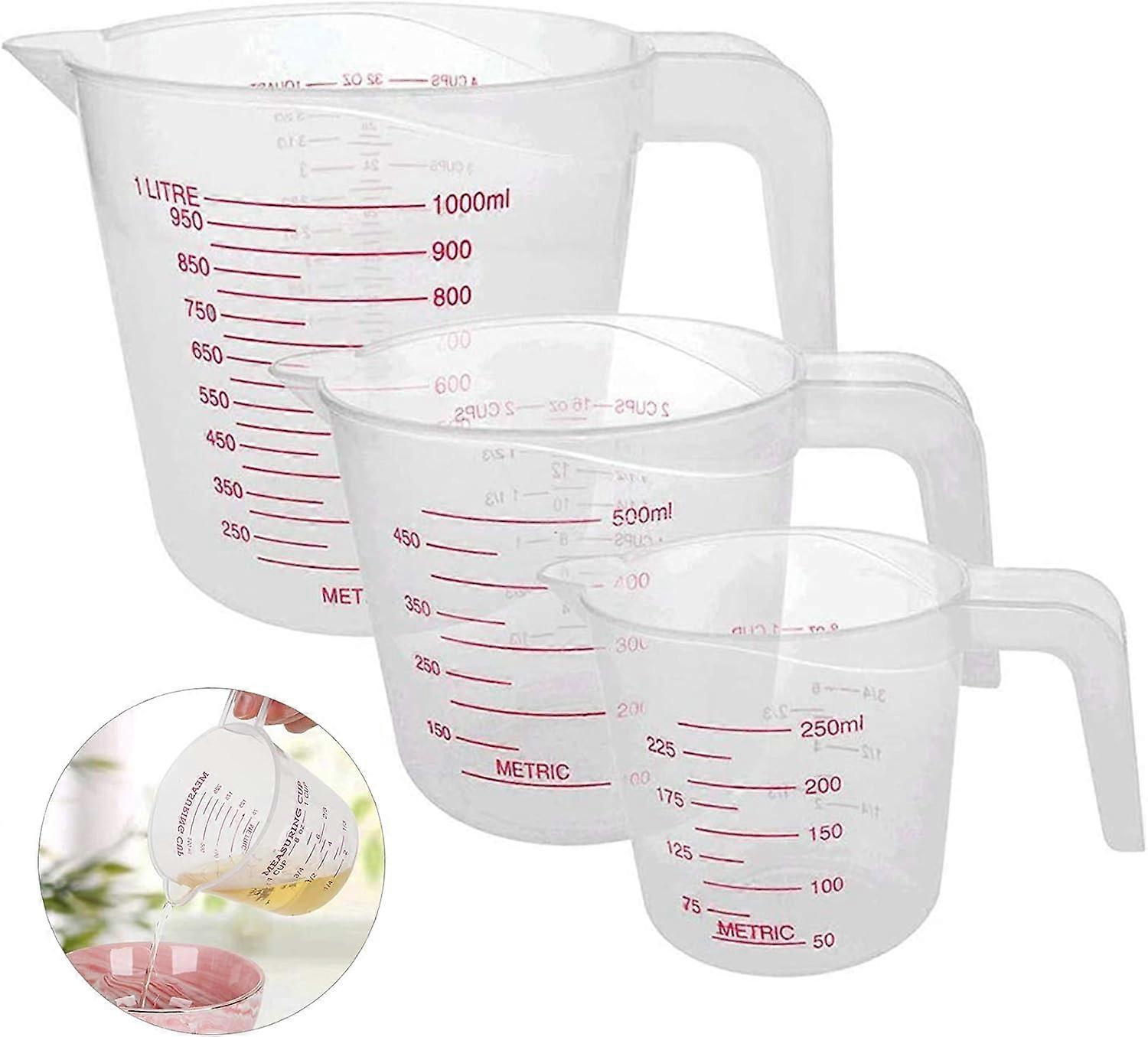 3 PCS Measuring Cup, Plastic Measuring Cup (1000ml,500ml,250ml) Graduated Measuring Cup with Handle, Kitchen and Laboratory Measuring