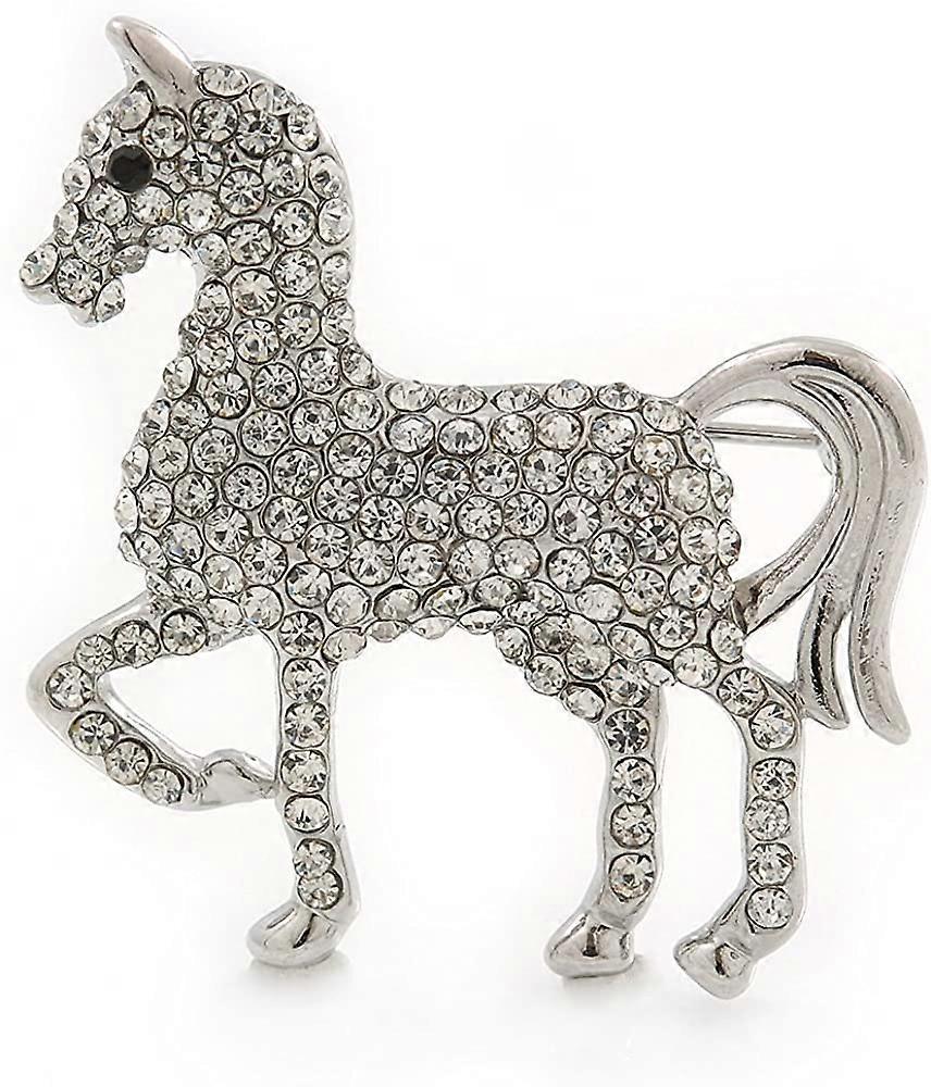 Small Silver Tone Austrian Crystal Horse Brooch - 38mm Width