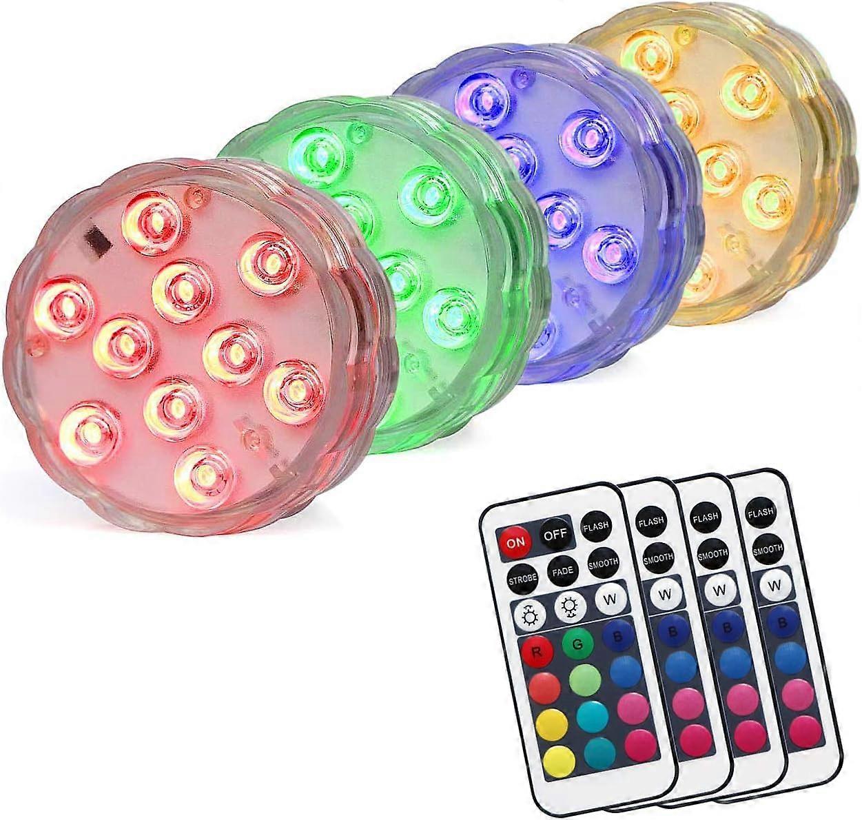 RGB Color Changing LED Floral Lights, 13 Colors 4 Modes Battery Powered Submersible LED Lights Waterproof with Remotes (4 Pack)