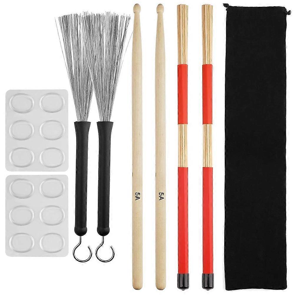Drum Sticks Set,5A Maple Wood Drum Sticks,Drum Rods Brushes,Retractable Drum Wire Brushes,Drum Damp