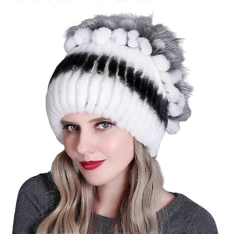 MIMIGO Thick Winter Hat Women Fur Hat Natural Rex Rabbit Fox Fur Cap Female Fur Headwear Elastic Knited Hat Warm Beanies Caps With Rabbit Fur Pompoms 