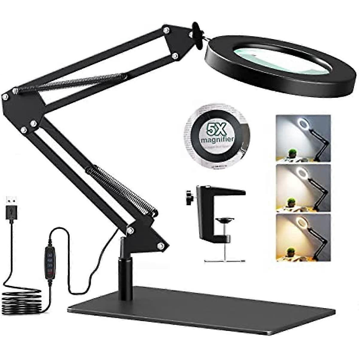Magnifying Glass with Light and Stand 5X Real Glass Desk Lamp Clamp