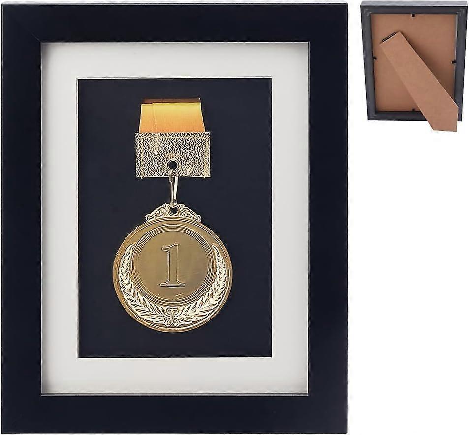 Wooden Single Medal Display Case Badge Box Frame with Glass Windows Rectangle Black 23.3x18.4cm