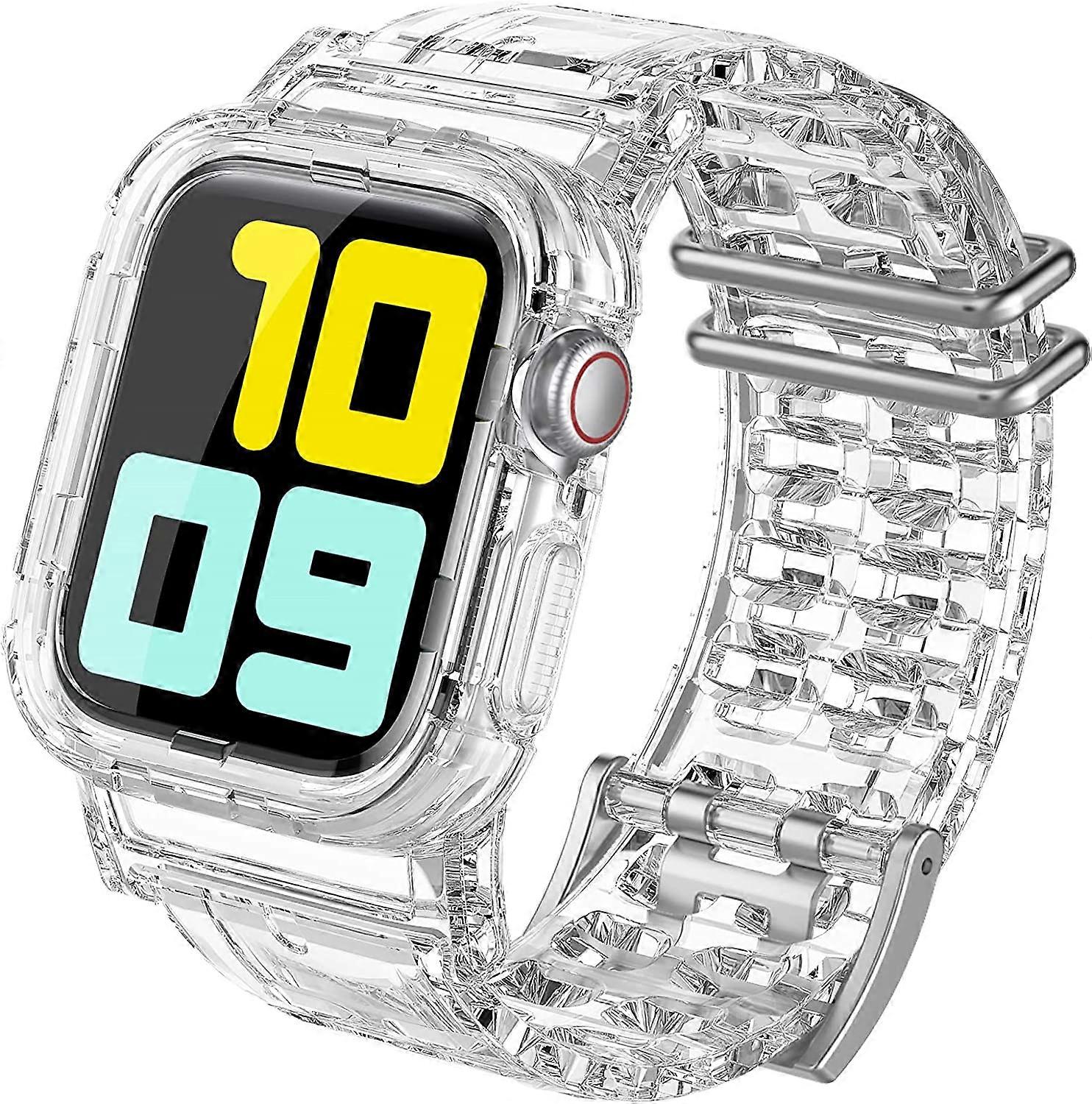 AHASTYLE Compatible with Apple Watch Clear Band Crystal Band with Rugged Bumper Case for Apple Watch Series 7 6 5 4 3 2 1 SE Transparent