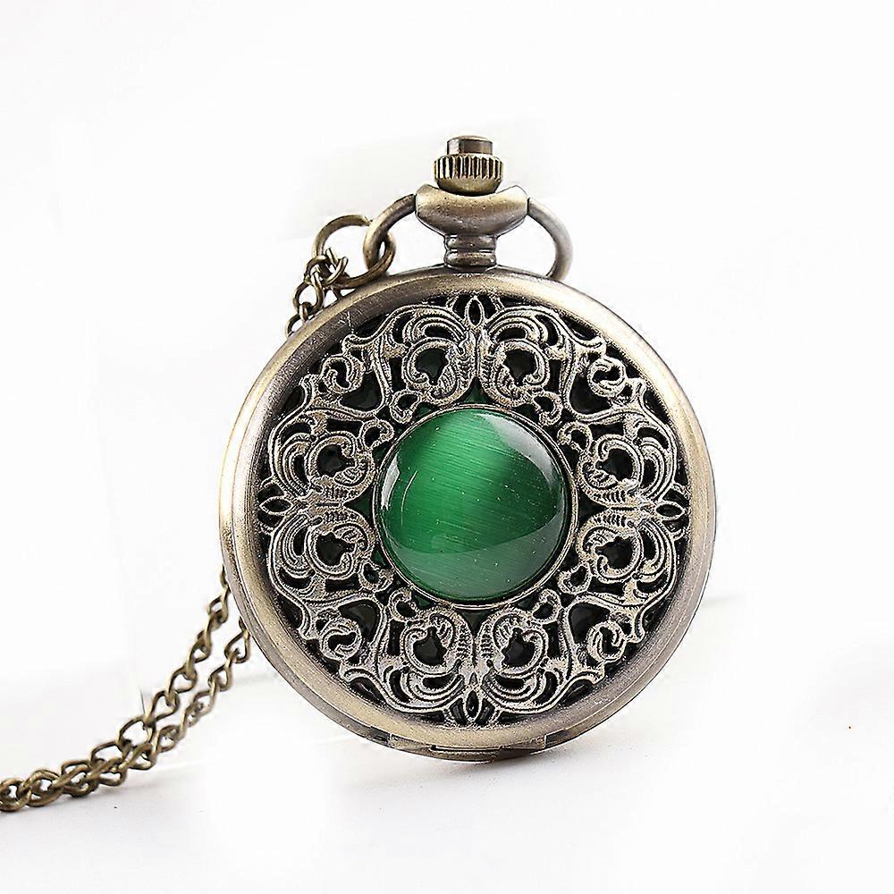 Bronze Green Cat Eye Pocket Watch - Large Size