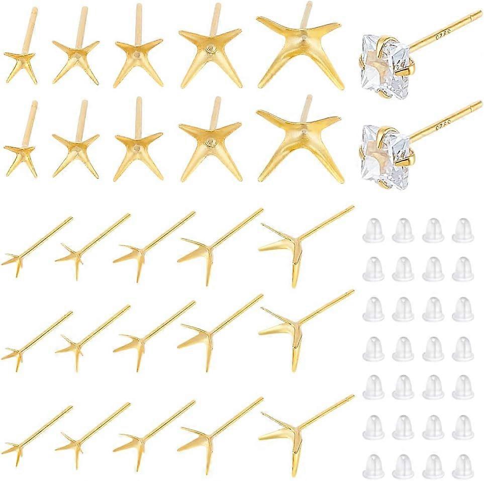 10Pcs 925 Sterling Silver Prong Earring Settings 5 Sizes Golden Stud Earring Findings Metal Claw Earring Posts Beads Rhinestone Component Prong Earrin